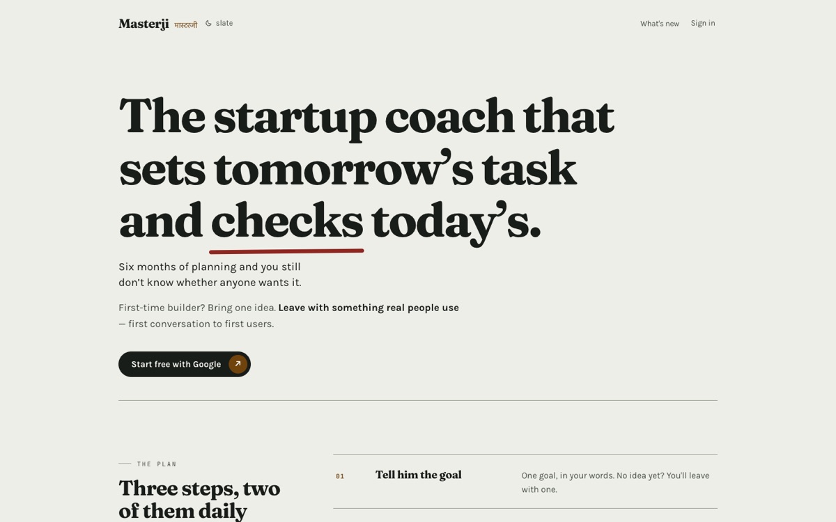 Masterji's homepage: the startup coach that sets tomorrow's task and checks today's